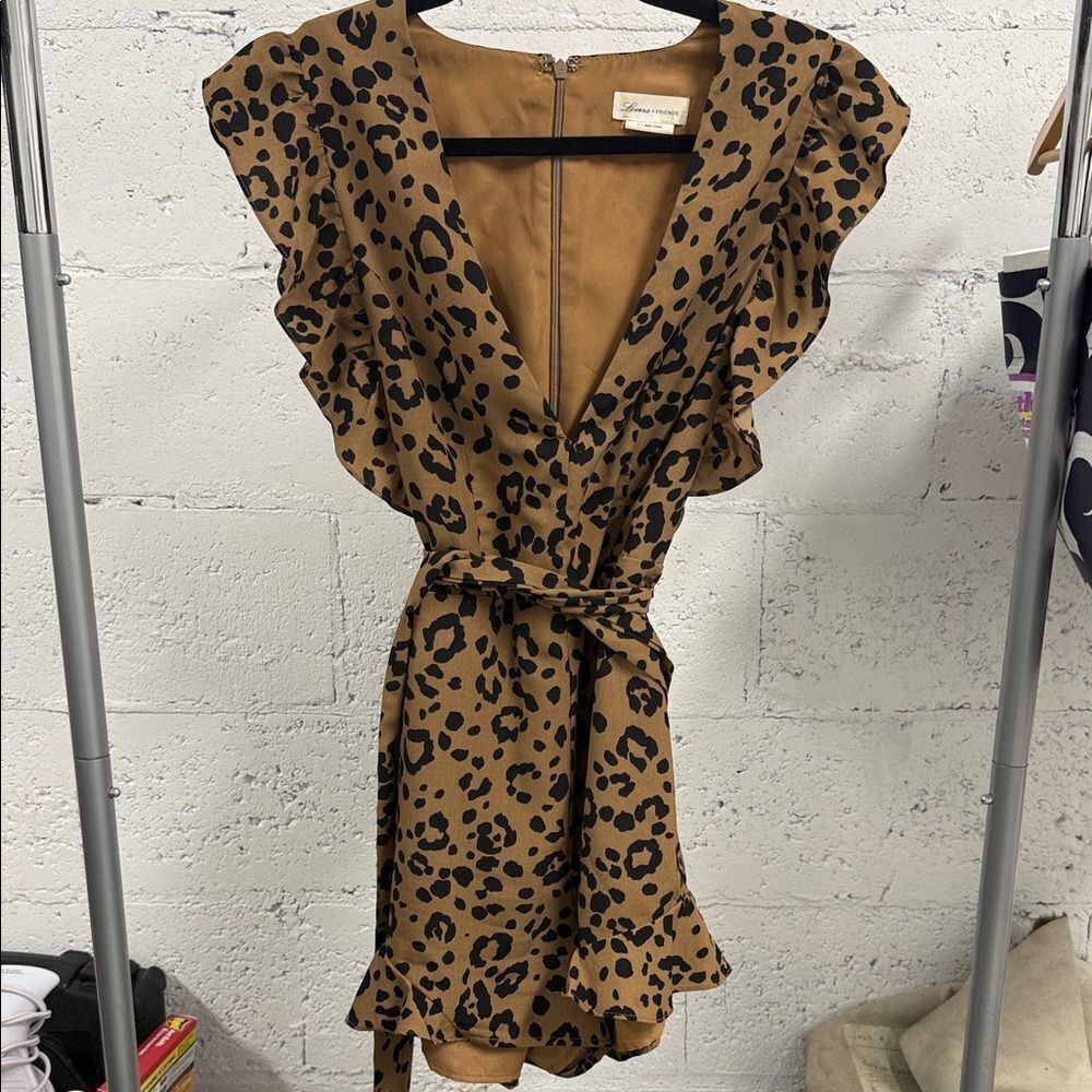 Lovers + Friends Brown Leopard Romper Shorts - Size Small - Belted - Ruffled - Picture 2 of 4